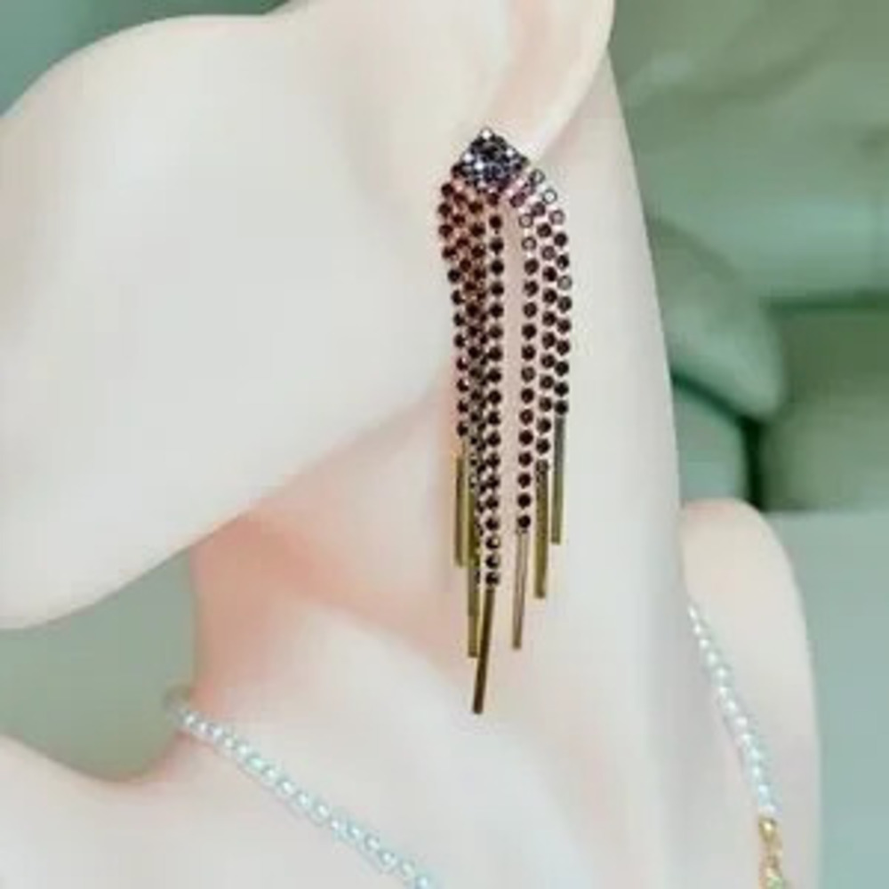 Dramatic Crystal Fringe Drop Earrings in Deep Purple and Gold